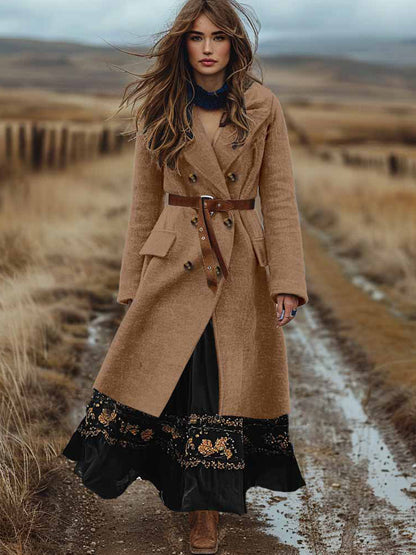 Damski retro czeski dwurzędowy jesienno-zimowy wełniany płaszcz