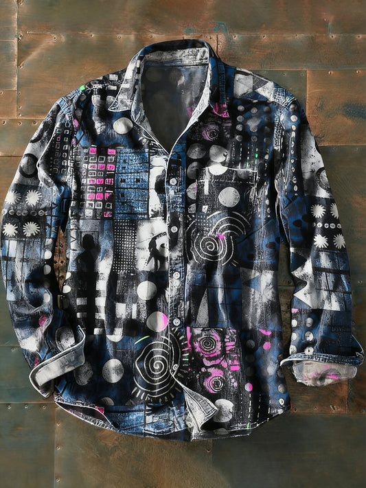 Męska koszulka z długim rękawem w stylu retro w stylu abstrakcyjnym