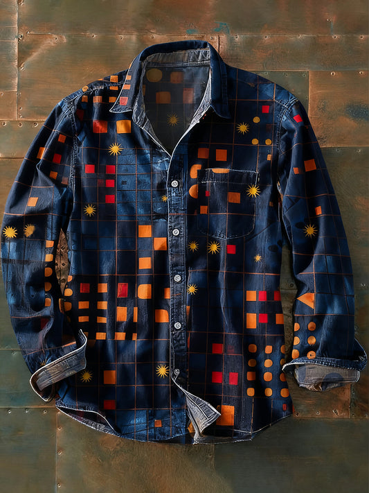 Męska koszulka z długim rękawem w stylu retro w stylu abstrakcyjnym