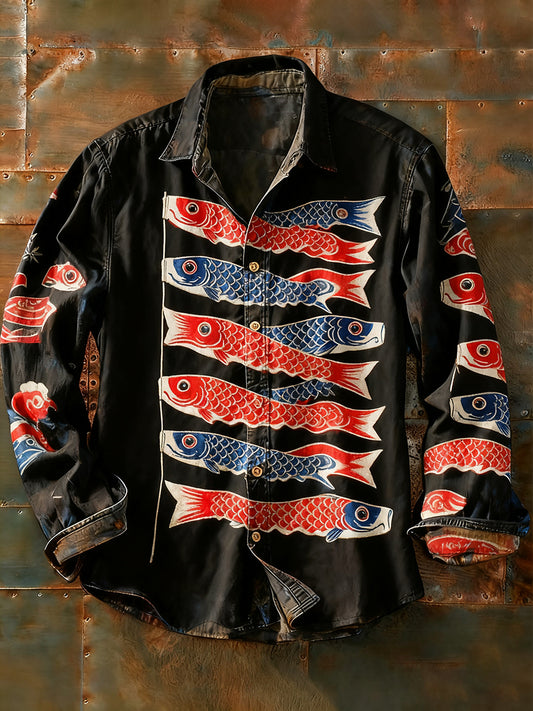 Męska koszulka z długim rękawem w stylu retro w stylu abstrakcyjnym