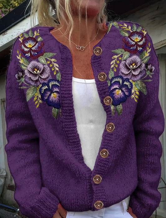 Wygodny sweter kardigan w stylu retro w stylu kwiatowym dla kobiet