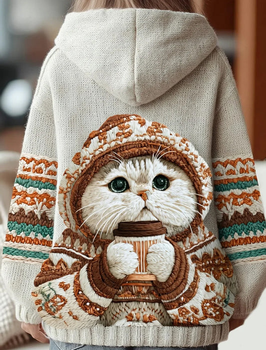 Damska Vintage Christmas Animal Art Casual Wygodna bluza z kapturem z dzianiny