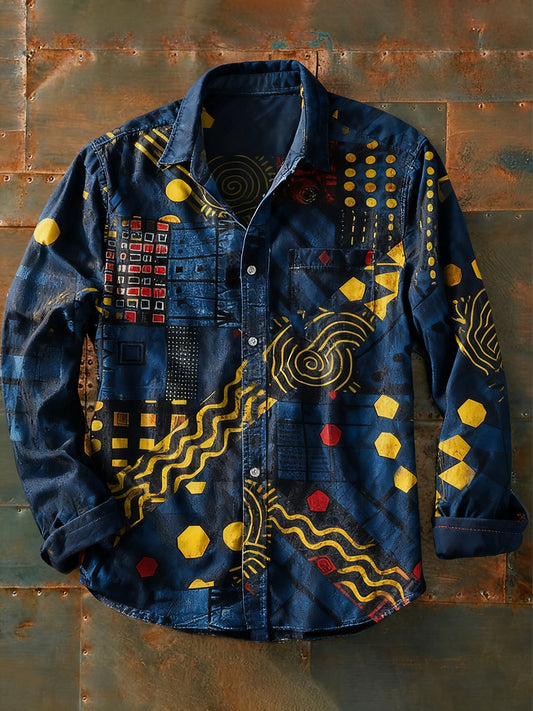 Męska koszulka z długim rękawem w stylu retro w stylu abstrakcyjnym