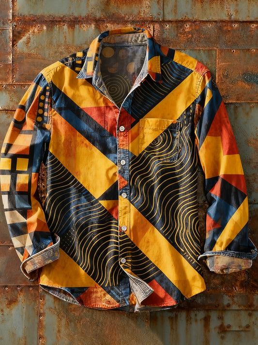 Męska koszulka z długim rękawem w stylu retro w stylu abstrakcyjnym