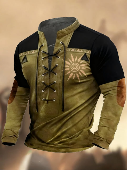 Vintage Western Art Print Koszula z długim rękawem w stylu wiejskim z dekoltem w szpic Henley