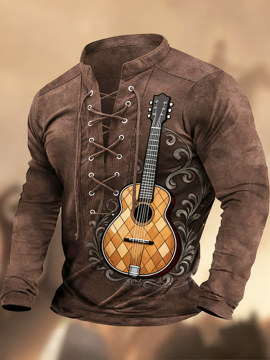 Vintage Western Art Print Koszula z długim rękawem w stylu wiejskim z dekoltem w szpic Henley