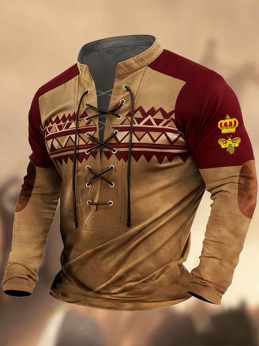 Vintage Western Art Print Koszula z długim rękawem w stylu wiejskim z dekoltem w szpic Henley