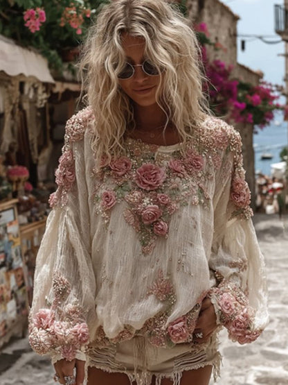 Damski vintage kwiatowy nadruk na co dzień luźny top