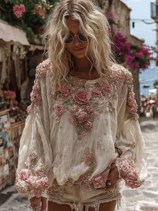 Damski vintage kwiatowy nadruk na co dzień luźny top