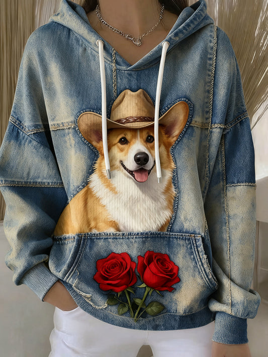 Damskie Vintage Animal Art Print Casual Retro Bluza z kapturem