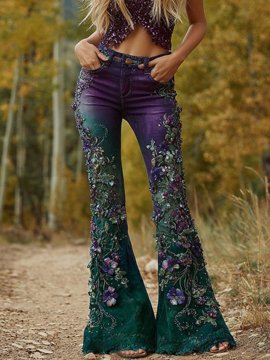 Damskie spodnie w stylu vintage w stylu kwiatowym