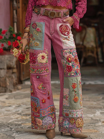 Damskie spodnie w stylu vintage w stylu kwiatowym