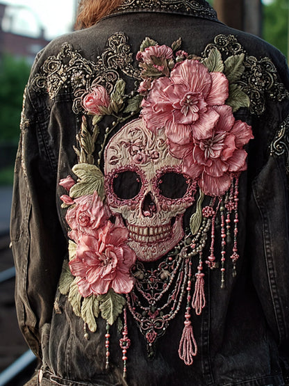 Damska kurtka dżinsowa w stylu vintage w stylu kwiatowym