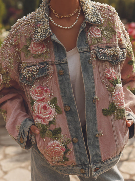 Damska kurtka dżinsowa w stylu vintage w stylu kwiatowym