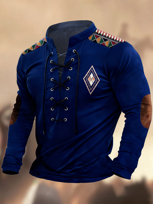 Vintage Western Art Print Koszula z długim rękawem w stylu wiejskim z dekoltem w szpic Henley