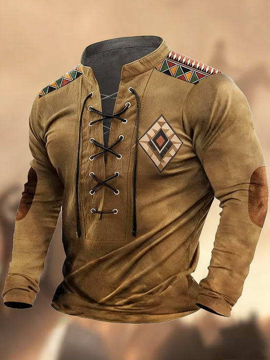 Vintage Western Art Print Koszula z długim rękawem w stylu wiejskim z dekoltem w szpic Henley