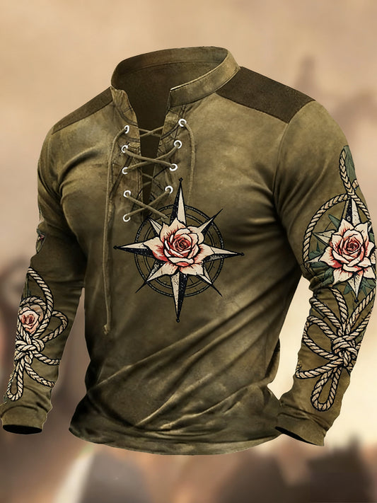 Vintage Western Art Print Koszula z długim rękawem w stylu wiejskim z dekoltem w szpic Henley