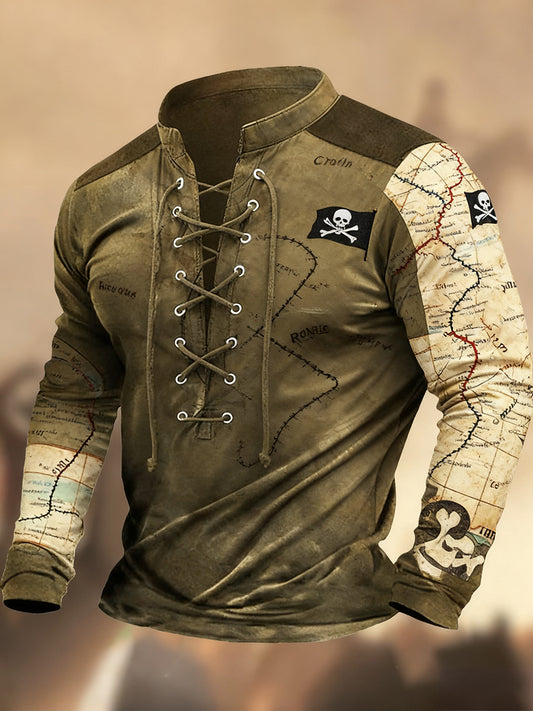 Vintage Western Art Print Koszula z długim rękawem w stylu wiejskim z dekoltem w szpic Henley