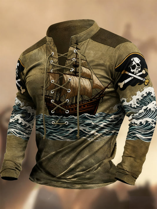 Vintage Western Art Print Koszula z długim rękawem w stylu wiejskim z dekoltem w szpic Henley