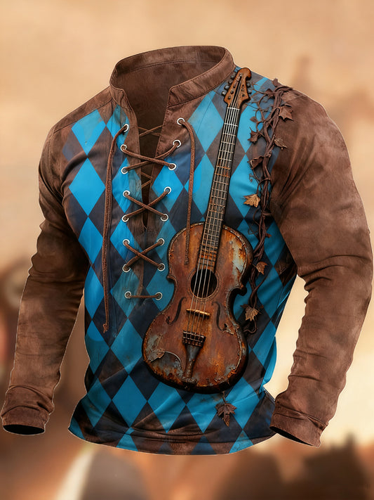 Vintage Western Art Print Koszula z długim rękawem w stylu wiejskim z dekoltem w szpic Henley