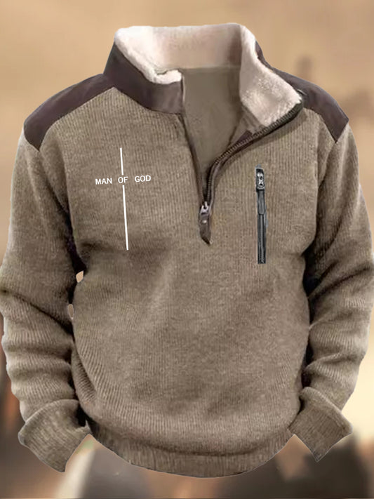 Męskie Retro Wiary Print Henley Stand Collar Casual Zipper Sportowa Bluza