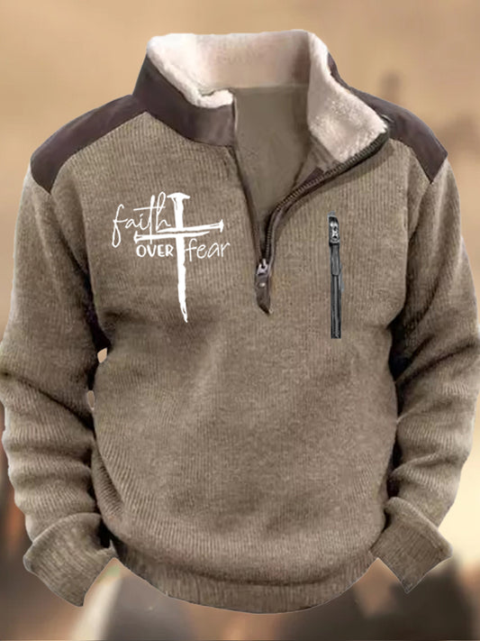 Męskie Retro Wiary Print Henley Stand Collar Casual Zipper Sportowa Bluza