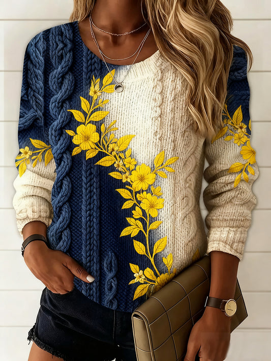Damski sweter komfortowy w stylu vintage z kwiatowym nadrukiem