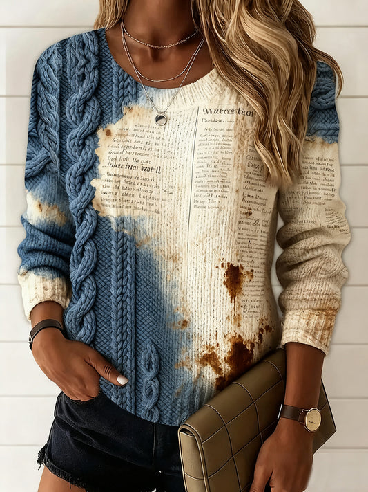 Damski sweter komfortowy w stylu vintage z kwiatowym nadrukiem