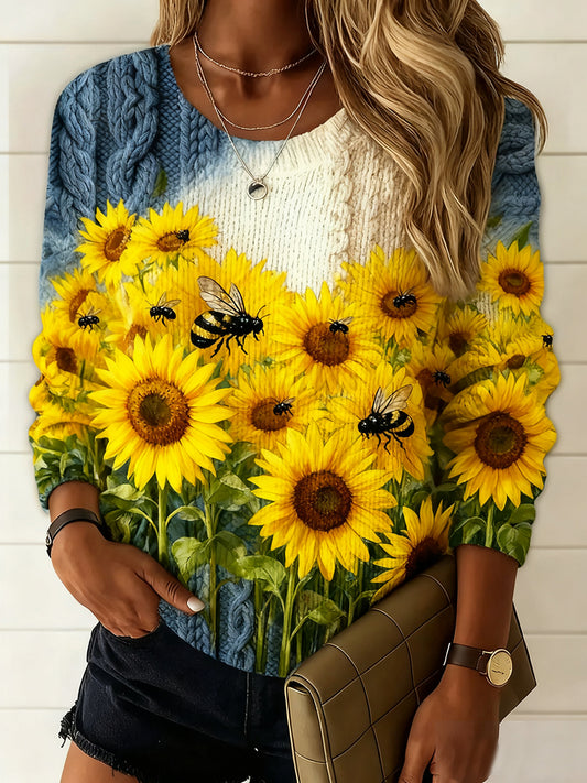 Damski sweter komfortowy w stylu vintage z kwiatowym nadrukiem