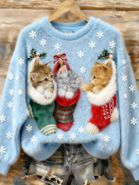 Damska świąteczna bluza w stylu vintage z nadrukiem artystycznym Przytulna flanelowa bluza