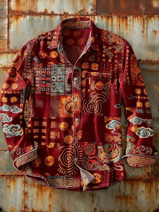 Męska koszulka z długim rękawem w stylu retro w stylu abstrakcyjnym