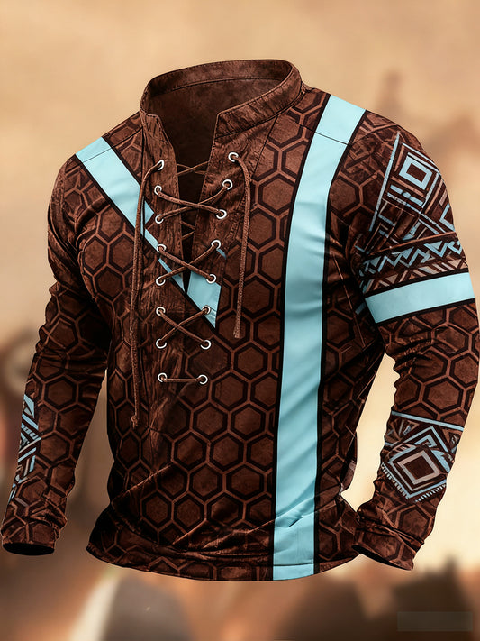 Vintage Western Art Print Koszula z długim rękawem w stylu wiejskim z dekoltem w szpic Henley