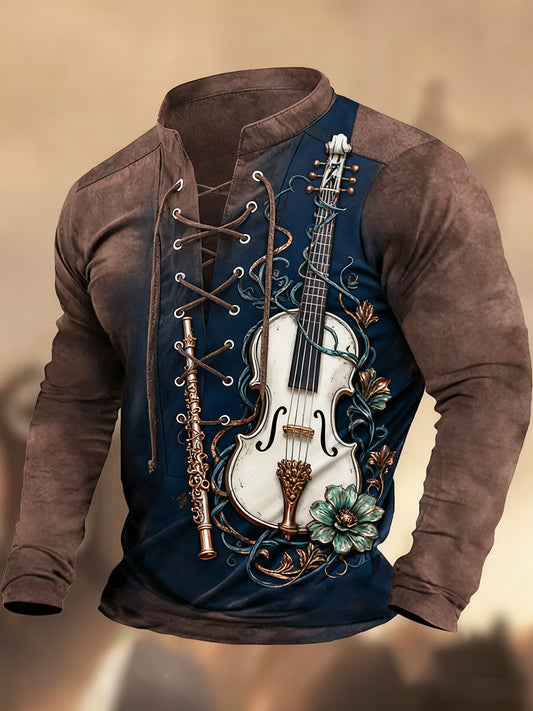 Vintage Western Art Print Koszula z długim rękawem w stylu wiejskim z dekoltem w szpic Henley