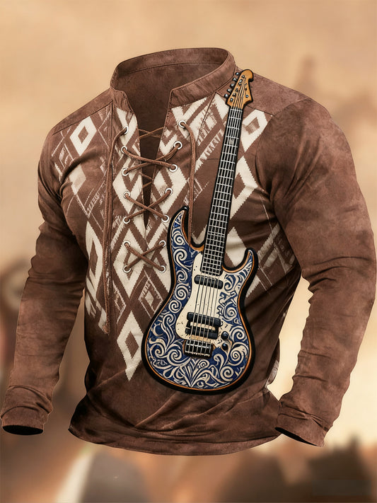 Vintage Western Art Print Koszula z długim rękawem w stylu wiejskim z dekoltem w szpic Henley