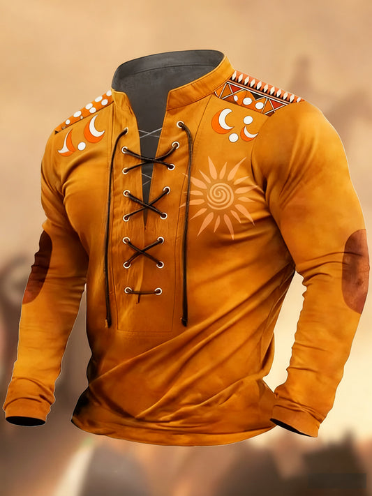 Vintage Western Art Print Koszula z długim rękawem w stylu wiejskim z dekoltem w szpic Henley