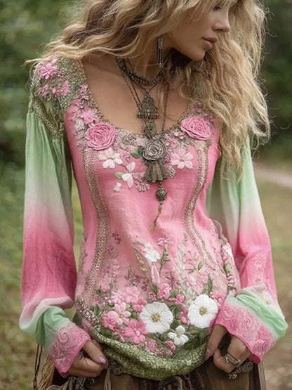 Damski retro czeski kwiatowy top