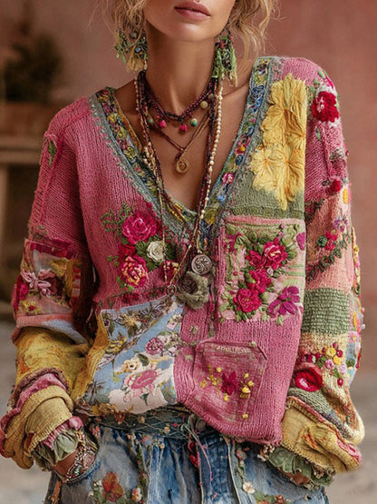 Damski sweter z dzianiny w stylu retro w stylu czeski w kwiaty