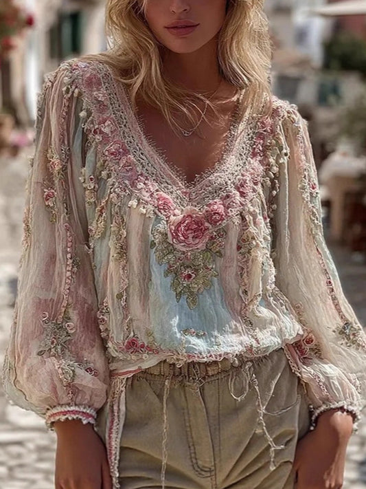 Damski retro czeski kwiatowy top