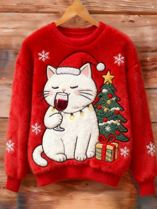 Damska świąteczna bluza w stylu vintage z nadrukiem artystycznym Przytulna flanelowa bluza