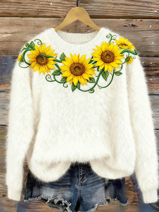 Damska retro świąteczna kwiecista sztuka nadruk wygodna flanelowa bluza