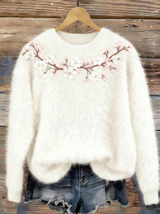 Damska retro świąteczna kwiecista sztuka nadruk wygodna flanelowa bluza