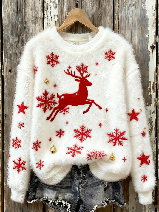 Damska świąteczna bluza w stylu vintage z nadrukiem artystycznym Przytulna flanelowa bluza