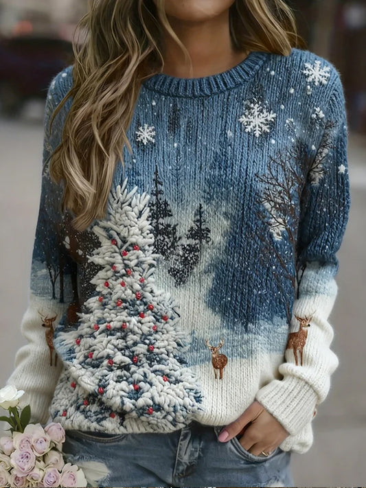 Damski retro świąteczny nadruk artystyczny wygodny sweter na co dzień