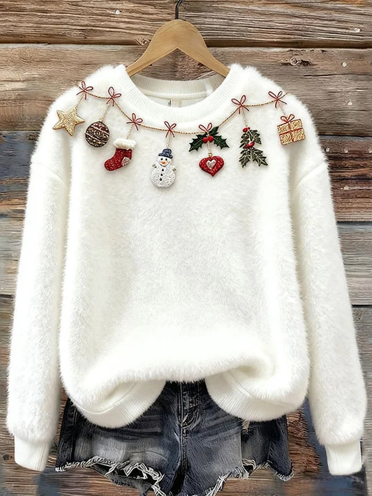 Damska świąteczna bluza w stylu vintage z nadrukiem artystycznym Przytulna flanelowa bluza