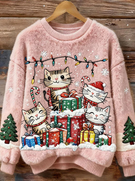 Damska świąteczna bluza w stylu vintage z nadrukiem artystycznym Przytulna flanelowa bluza