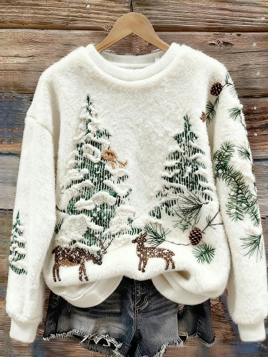 Damskie Retro Boże Narodzenie Animal Art Print Wygodny flanelowy sweter na co dzień