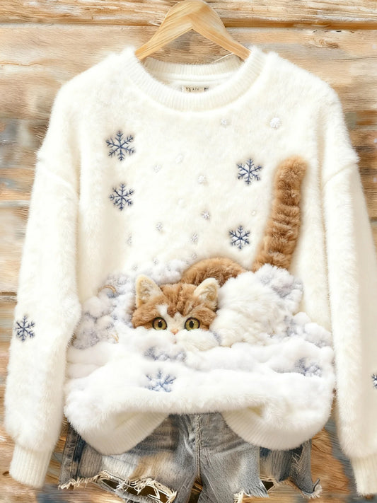 Damskie Retro Boże Narodzenie Animal Art Print Wygodny flanelowy sweter na co dzień