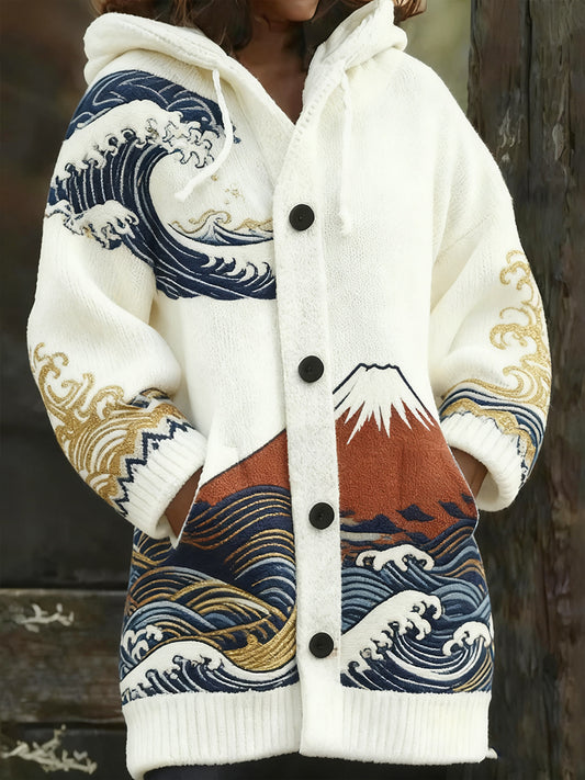 Damski retro świąteczny nadruk artystyczny Casual Midi z kapturem