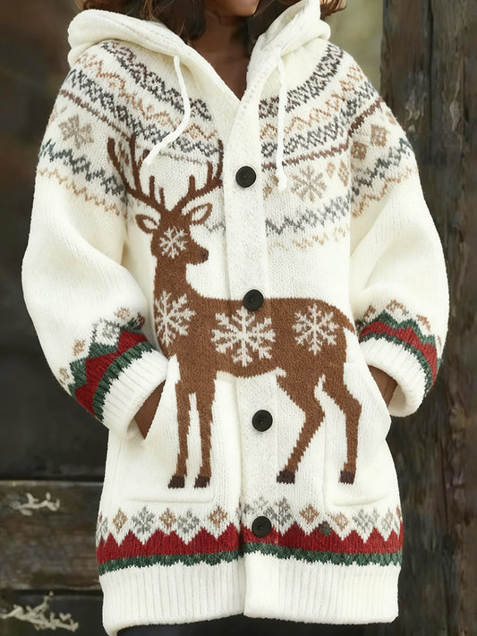 Damski retro świąteczny nadruk artystyczny Casual Midi z kapturem