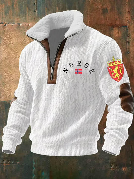 Męska retro norweska bluza z nadrukiem artystycznym na co dzień z futrzany kołnierzykiem